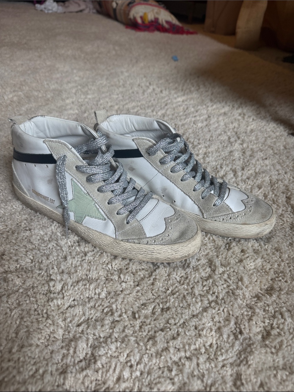 Golden Goose White & Silver And Green Star High-Top Sneakers